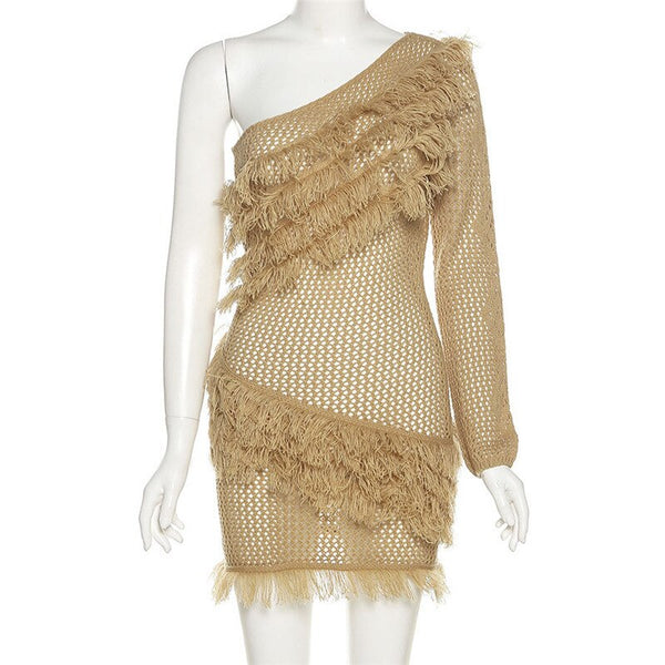 Brown Tassel Crochet Dress