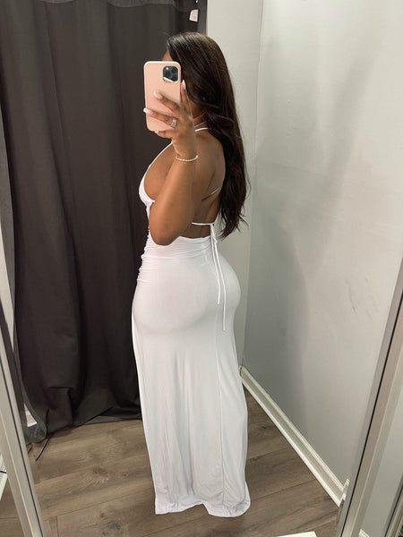 White Backless High Split Maxi Dress