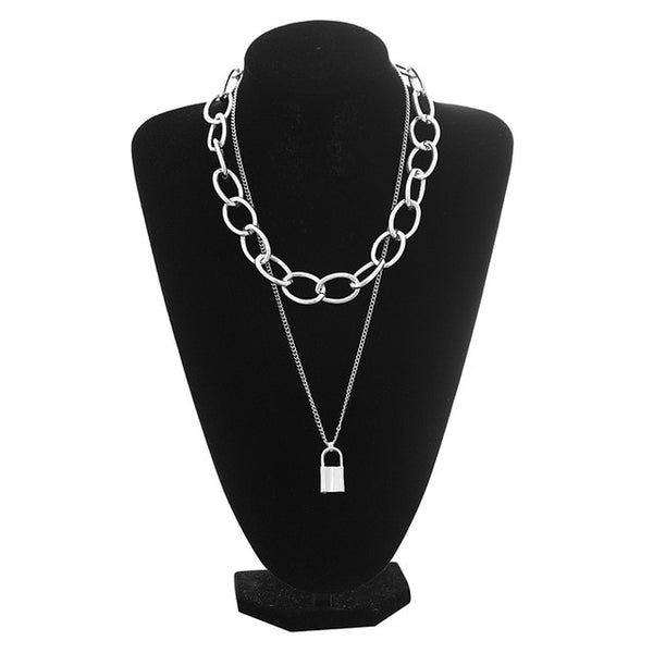 Double layer Lock Chain necklace punk 90s gothic jewellery.