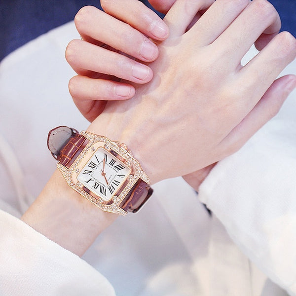 Diamond  Leather Band Quartz Wristwatch