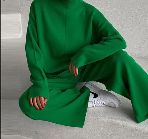 Green Knitted Top And Wide Leg Pants