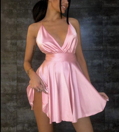 Pink Backless Wrap Mini Dresses.