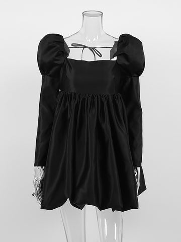 Black  Satin Puff Sleeves Party Dress