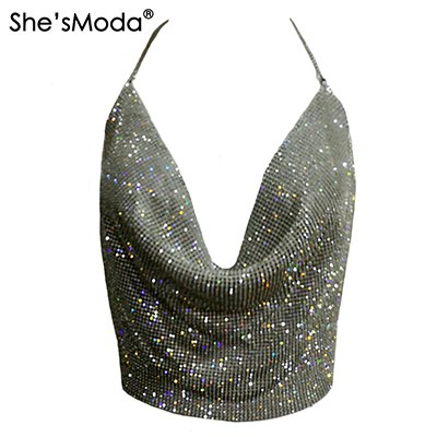She'sModa Bling Bling Jewelry Alloy Metal Halter Party Club Women's Bralette Crop Top Vest
