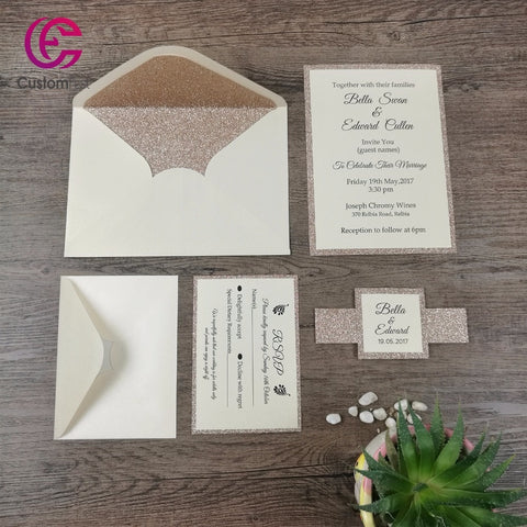 30pcs/lot  Champagne glitterGlitter two layers invitation and RSVP  set ( including belly band and tag)