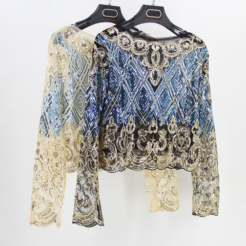 Embroidered Lace Mesh Sequined Beaded Top.