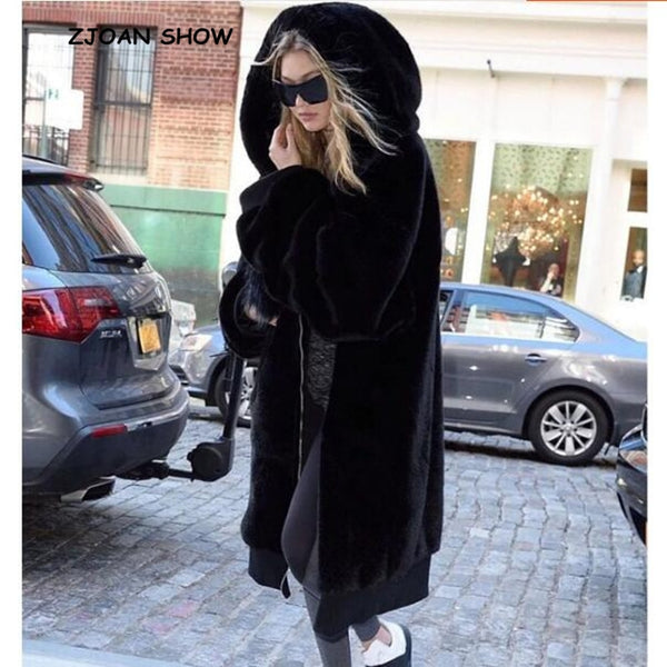 Winter Warm hooded Large size Long Solid color Faux Fur Coat  Long sleeve Fur Jacket Coat Outwear