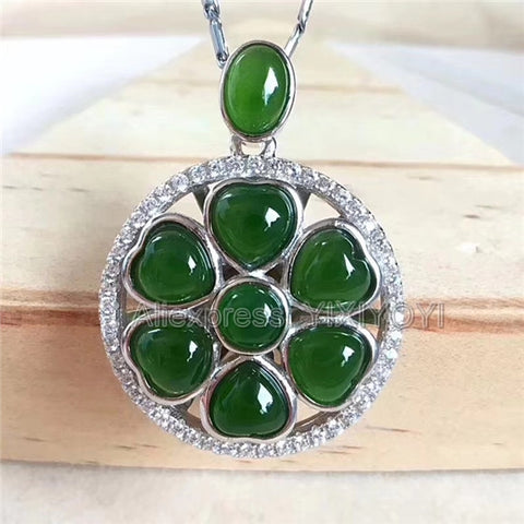 925 Sterling Silver Green HeTian Jade Heart Beads Inlay Round Elegant Lucky Pendant + Chain Necklace Fine Jewelry Charm Gift