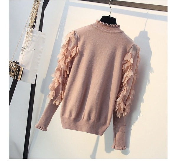 Stand Ruffled Collar Knitted Women Sweaters.